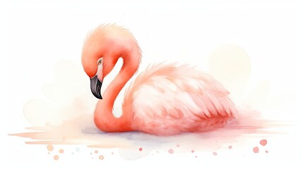 Fototapeta premium a watercolor painting of a pink flamingo sitting on the ground with its head turned to the side and it's head turned to the side. generative ai