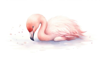  a pink flamingo sitting on the ground with it's head in it's beak and it's head in the water.  generative ai