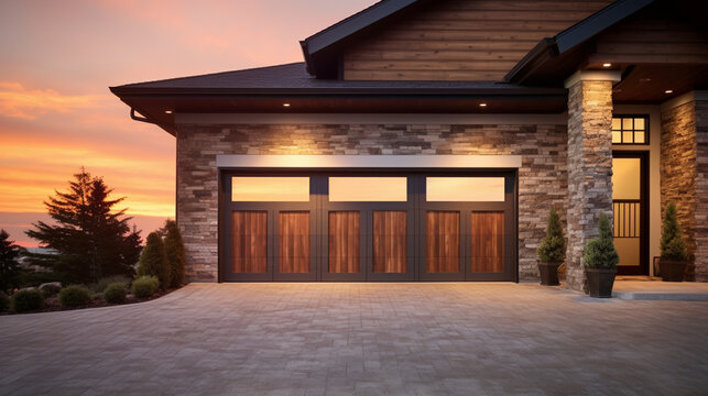 Beautiful Luxury Home Exterior Detail At Sunset. Generative Ai