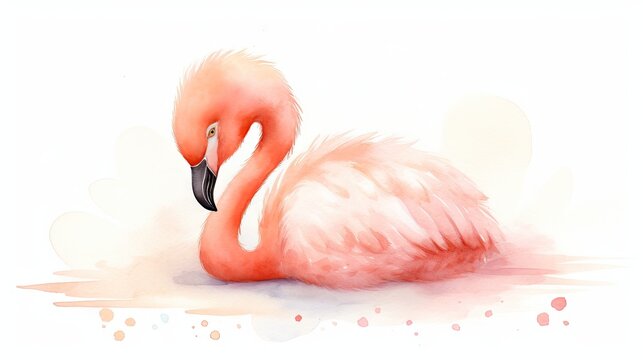  a watercolor painting of a pink flamingo sitting on the ground with its head turned to the side and it's head turned to the side.  generative ai