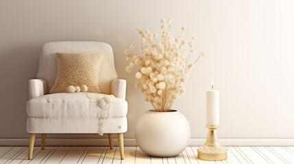 Boho composition a living room interior with white boucle armchair. Generative Ai