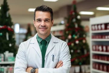 Tuinposter Young adult male professional pharmacist red shirt standing in pharmacy shop or drugstore with medicines shelf. Health care celebrating New Year Christmas Santa holiday concept © Valeriia