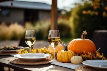 an outdoors  table set for fall thanksgiving  dinner with pumpkins and wine