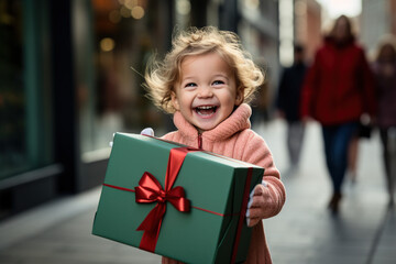 Fototapeta na wymiar Birthday present, shopping on Black Friday time, Big sale discount concept. Senior old lady smiling with happiness while she holds huge giant red Christmas gift box in hands on street