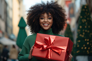 African-American pretty girl smiling with happiness while she holds huge giant red Christmas gift...