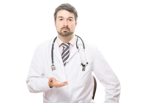 doctor with stethoscope warns against misuse of tablets, which can lead to tablet addiction isolated against transparent background