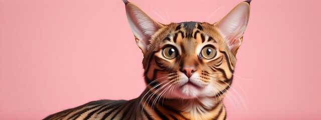 Toyger cat on a pastel background. Cat a solid uniform background, for your advertising and design with copy space. Creative animal concept. Looking towards camera.