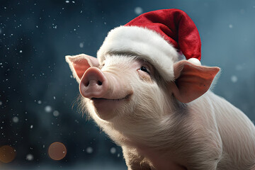 Niedliches Ferkel mit Santa Claus Mütze im festlich - weihnachtlichem Ambiente.. Schweinemotiv erzeugt mit Generative AI. - obrazy, fototapety, plakaty