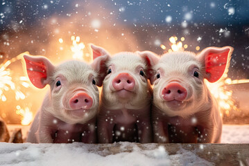 Nahaufnahme von drei niedlichen Ferkeln im Schnee mit Feuerwerk zum Jahreswechsel im Hintergrund. Schweinemotiv erzeugt mit Generative AI.