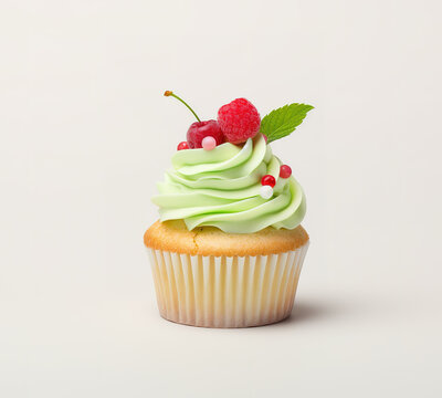 white cupcake with green icing on a white background, 
 cupcake with cream