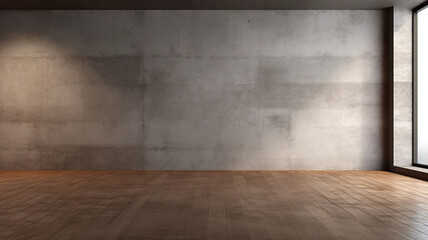 Empty room with stone wall and wooden floor. Concrete wall with wooden floor and large window.