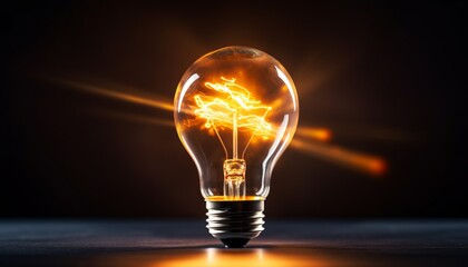 Creative light bulb burning on dark background   electricity saving concept, save electricity