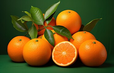 oranges are arranged on a green background with leaves.