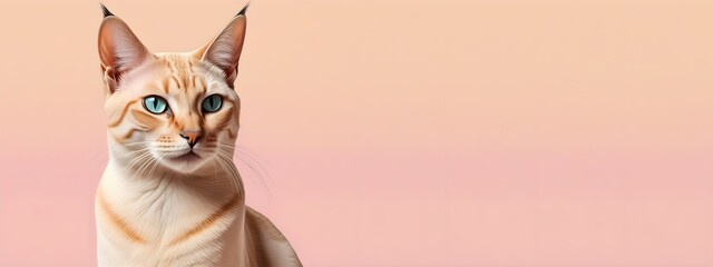 Egyptian cat on a pastel background. Cat a solid uniform background, for your advertising and design with copy space. Creative animal concept. Looking towards camera.