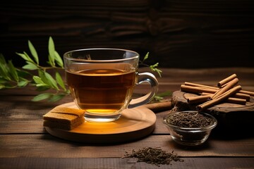 a cup of green tea with cinnamon sticks and dried cinnamon