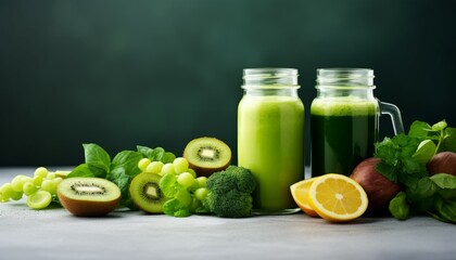 Glass of jar mugs with green health smoothie, leaves, lime, kiwi, grapes with copy space