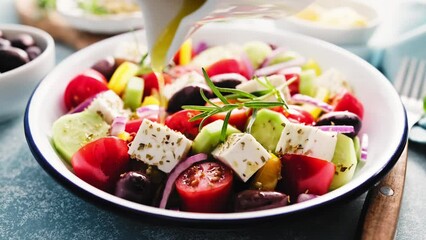 Greek salad. Vegetable salad with feta cheese, tomato, olives, cucumber, red onion and olive oil. Healthy vegetarian mediterranean diet food. Video 4k