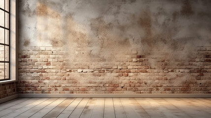 Brick loft wall background grey floor and light from window. Empty room with brick wall and wooden...