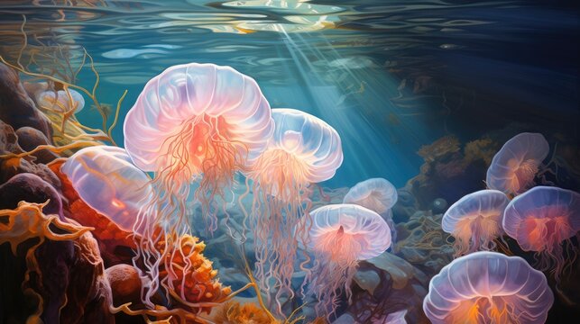  a painting of a group of jellyfish swimming in the ocean with sunlight shining through the water's bubbles.  generative ai