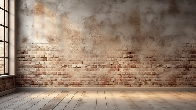 Fototapeta Brick loft wall background grey floor and light from window. Empty room with brick wall and wooden floor. Window light. Interior with red brick wall.