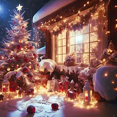 A Snowy Night: A Christmas Tree and a Cozy House