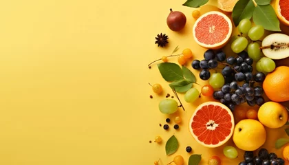 Gordijnen Top view creative composition made from oranges and fruits on pastel yellow background. Fresh fruit minimal concept with flat lay © Bold24
