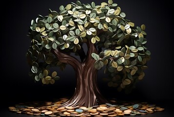 Money tree with golden coins on black background. 3D illustration.