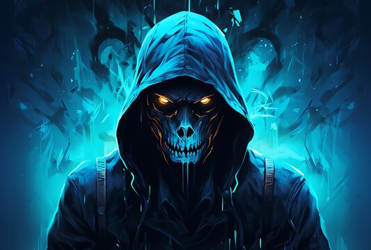 3d rendering of a man wearing a hooded cloak with a skull in the background