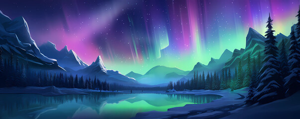 Magical Forest Festivity: Christmas Trees Aglow with Radiant Lights Against a Vibrant Watercolor Sky