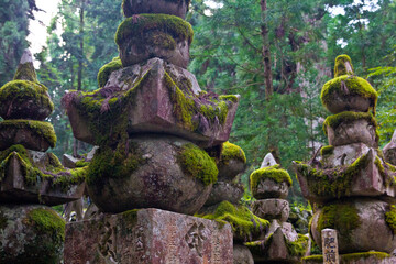 Tombstone in the old okunoin cemetery in japan during obon festival
