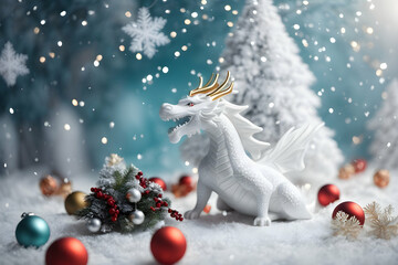 Realistic 3d decorative toy figurine of a little cute dragon in Christmas decorations. Christmas winter holiday composition. Generative AI.