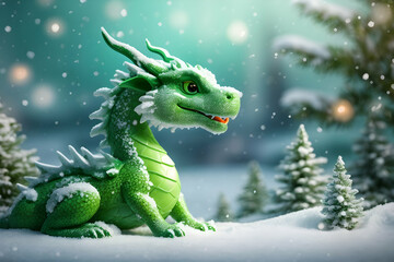 Realistic 3d decorative toy figurine of a little cute dragon in Christmas decorations. Green wood dragon 2024. Christmas winter holiday composition. Generative AI. - obrazy, fototapety, plakaty