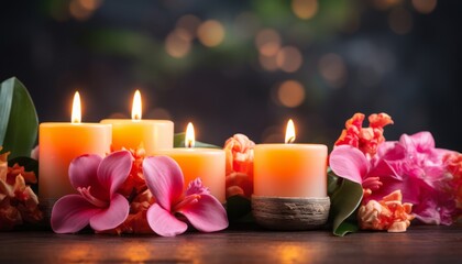 Soothing beauty spa treatment background with candles on dark   space for text customization