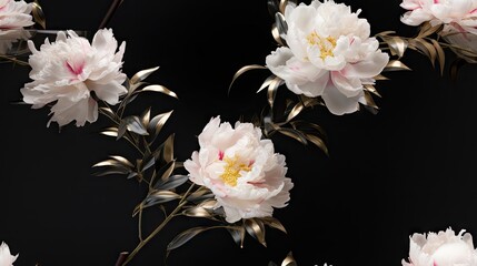  a group of white and pink flowers on a black background, with leaves and stems sticking out of the petals.  generative ai