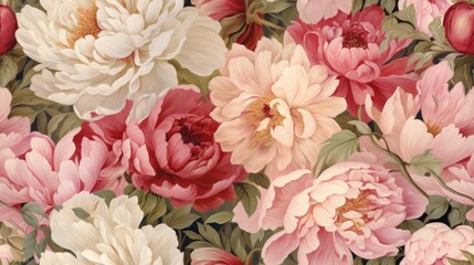 a close up of a bunch of flowers with leaves on a black and white background with red, pink, and white flowers.  generative ai