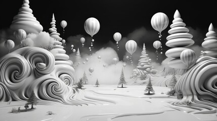  a black and white photo of a snowy landscape with trees, hot air balloons, and swirls of snow.  generative ai