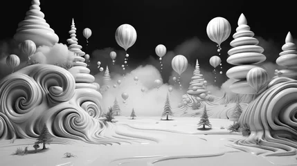 Fotobehang Grijs  a black and white photo of a snowy landscape with trees, hot air balloons, and swirls of snow.  generative ai