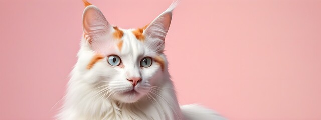 Turkish van cat on a pastel background. Cat a solid uniform background, for your advertising and design with copy space. Creative animal concept. Looking towards camera.