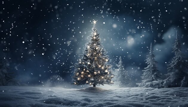 Snow covered christmas tree on dark blue background   festive holiday concept with magical lights