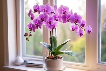 Purple orchids in a vase on the windowsill