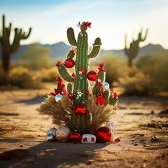 Cactus en el desierto con decoración navideña - obrazy, fototapety, plakaty