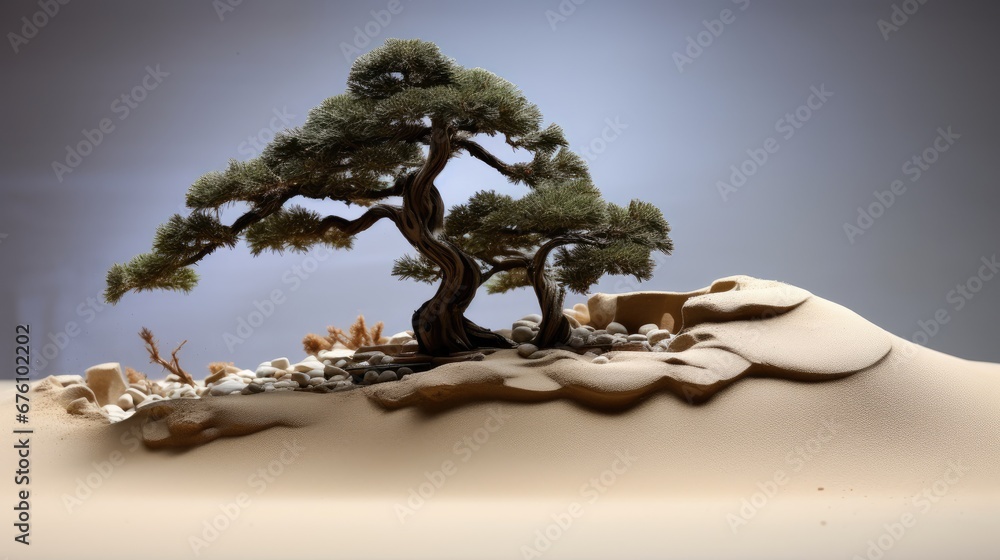 Poster a bonsai tree sitting on top of a pile of rocks in the middle of a desert with a blue sky in the bac