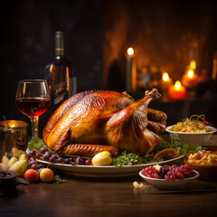 Pavo de Acción de Gracias en la mesa con otra comida típica navideña de noche