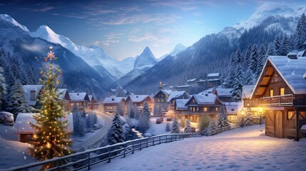 Christmas backdrop with snow-covered alpine village. Serene mountains valley.