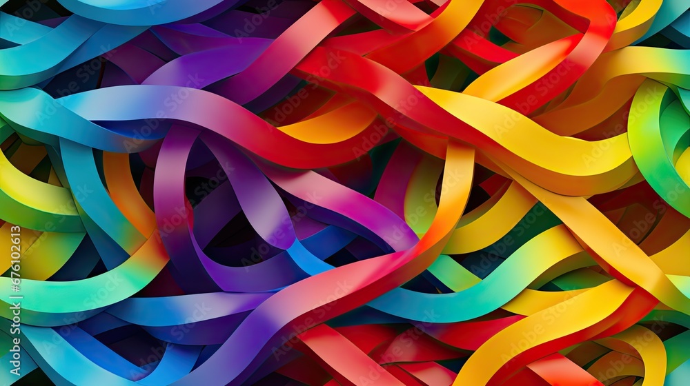 Poster  a group of multicolored streamers of different sizes and colors on a black background with a white border.  generative ai