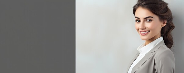 Young business woman with smile. Banner with empty copy space.