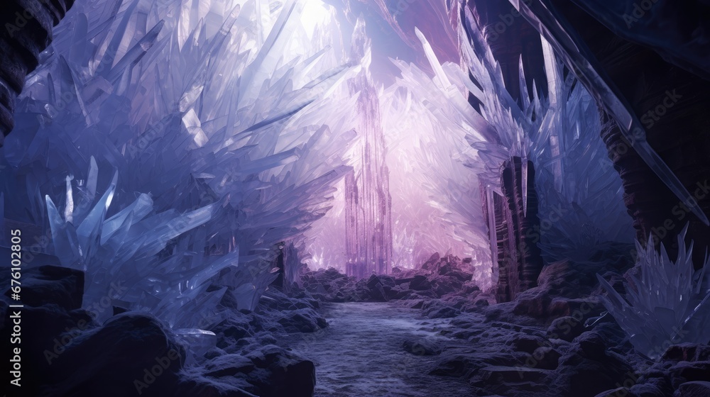 Poster a painting of an ice cave with a river running through it and ice formations on the sides of the wal