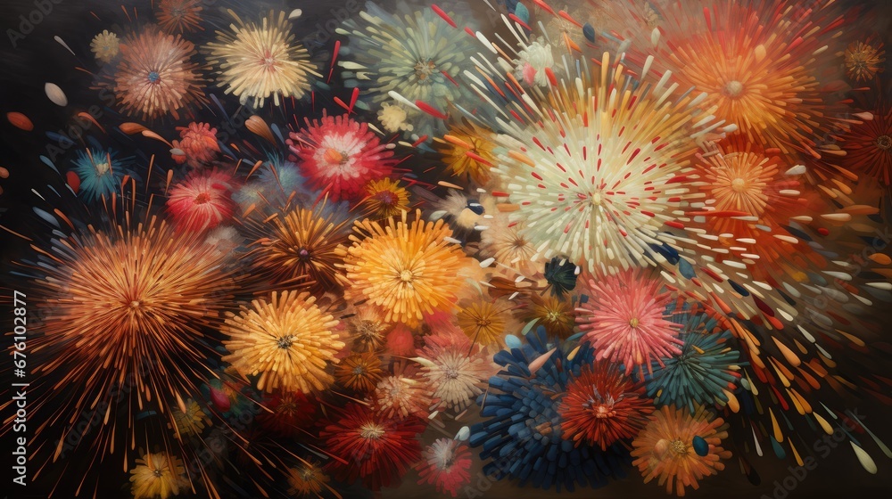 Poster a bunch of colorful fireworks on a black background with a blurry image of them in the foreground an