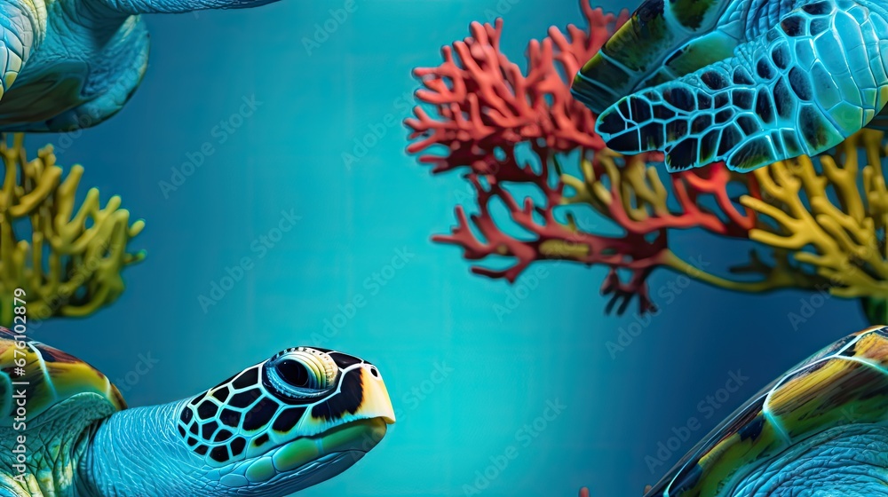 Poster a close up of a sea turtle with corals on it's back and corals in the background. generative ai