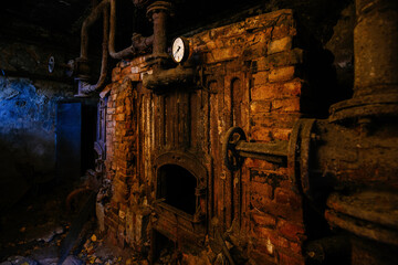 Old rusty stove in abandoned boiler room
